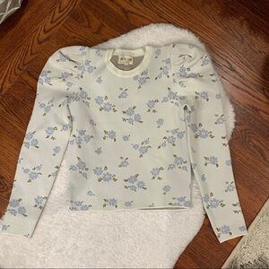 Grey Blue Floral Vintage Cottagecore Puff Sleeve Cropped Top Size Small NWT